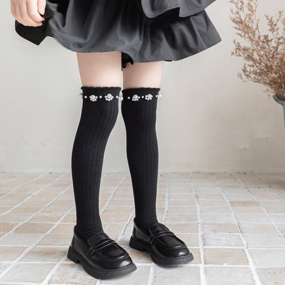 fnnxnal Girls Black Cotton Knee High Socks Pearl Decorated Ribbed Stretchy School Uniform for 3-13 Years,Size 3-8T