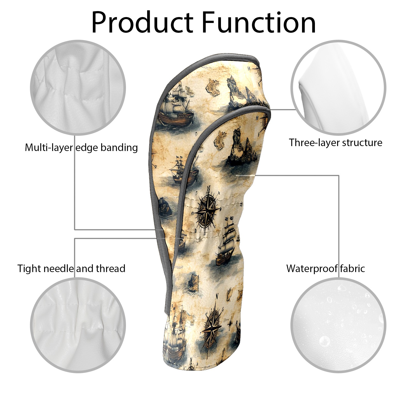 Golf Club Covers, Brown Vintage Sailing Premium PU Leather Driver Hybrid Putter Head Covers with Velvet Lining, Waterproof Golf Gifts for Men Women