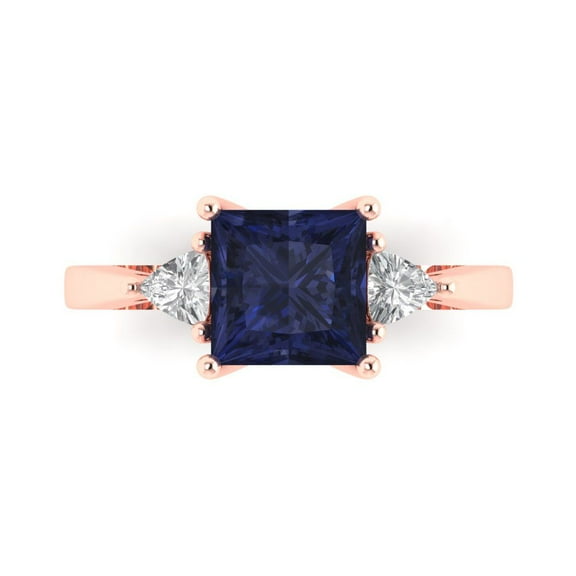 Three-Stone Engagement Ring for Women - 2.32ct Simulated Blue Sapphire in 18K Rose Gold Promise Ring
