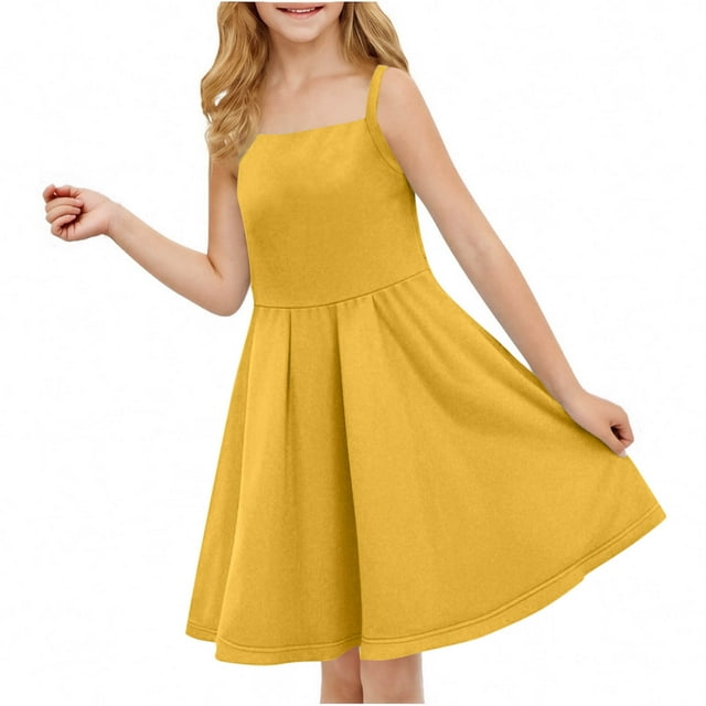 Tranfacy Robe d'Été pour Filles, Robe Camisole pour Filles, Robe Sans Manches Extensible Ligne A Évasée Patineuse pour Récital d'École Robe à Manches Courtes à Col Rond