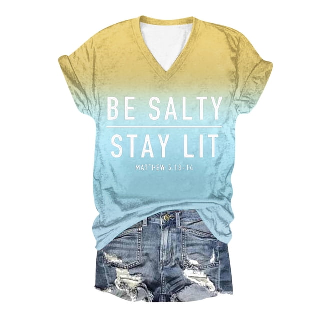 TSADFHJI Hauts et Robes d'Été pour Femmes Mode Décontractée Imprimée Col en V Manches Courtes Chandail T-Shirt S Bleu Clair