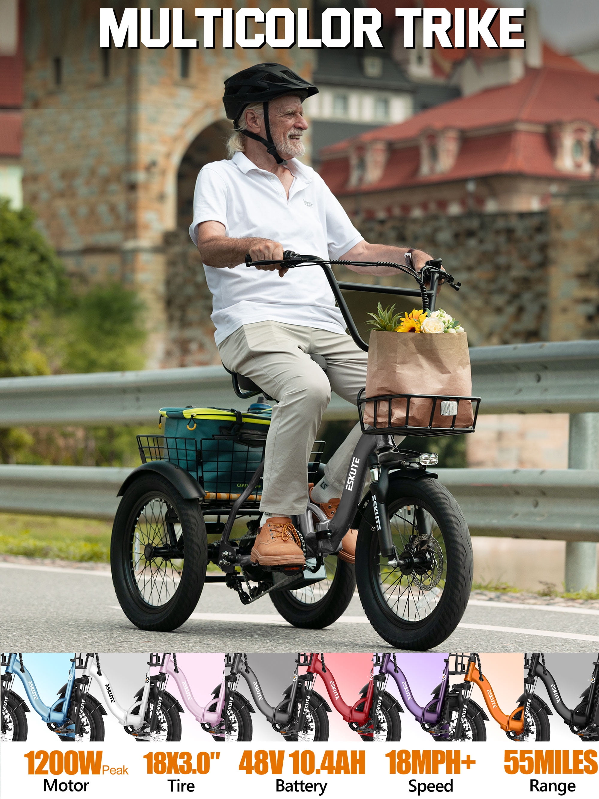 ESKUTE Adult E Trike Electric Tricycle – 750W Brushless Motor, 18+ MPH, Fat Tires, Foldable Step-Thru 3-Wheel E-Bike, Up to 55 Miles, Gray with Phone Holder Bag, Mirrors & Lock