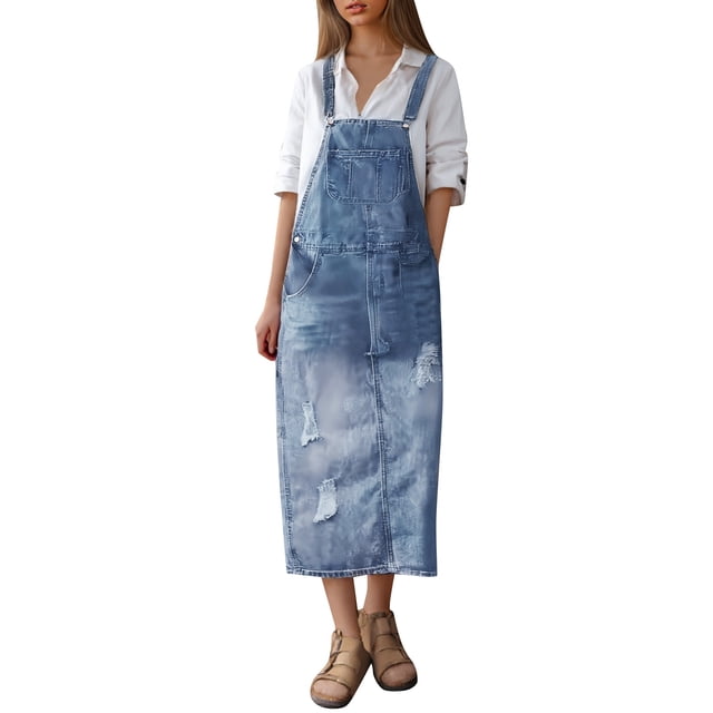 Daznico Robes Élégantes pour Femmes, Robe en Denim Déchirée à Bretelles Décontractée Dos Nu pour l'Été, Robes pour Femmes Cache Ventre