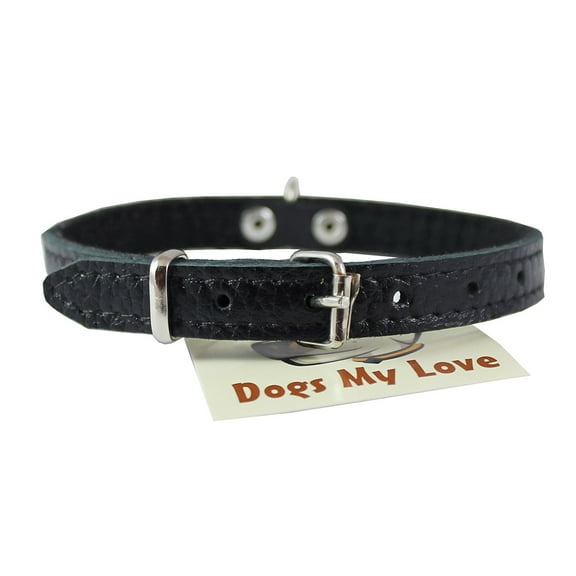 Black Genuine Leather Felt Padded Dog Collar 13"x1/2" Wide Fits 9"-12" Neck, Maltese, Yorkshire Terrier, Puppies