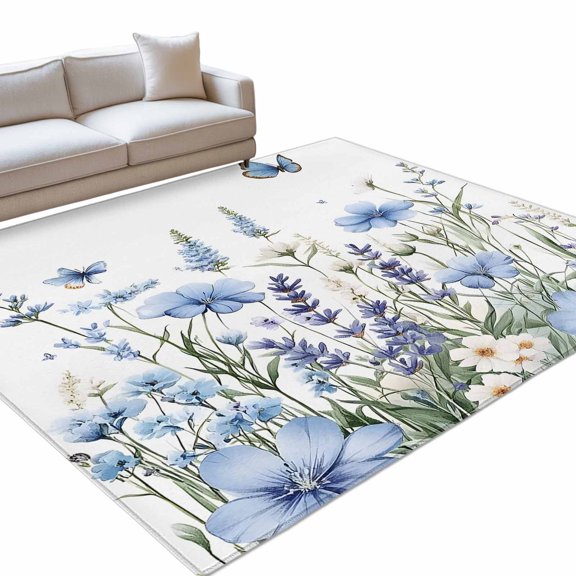 Area Rug 3x5ft Blue Flowers Butterfly Washable Area Rugs for Living Room Wildflowers Leaf Plant Non Slip Floor Carpet Mat for Kitchen Entryway Bathroom Office Home Decor