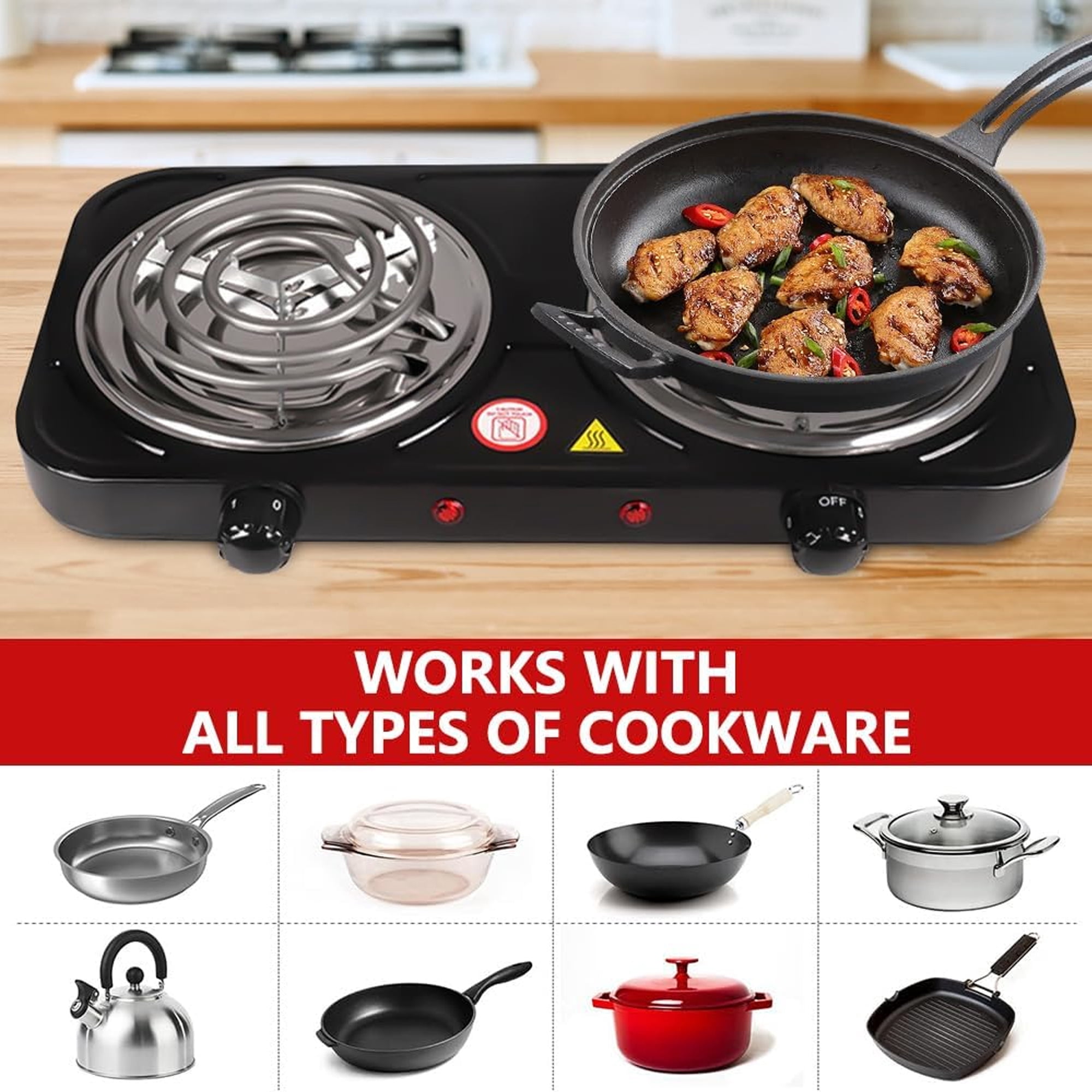 Daretodo 2000W Portable Electric Double Burner, Electric Hot Plate Kitchen Cooktop Cooking Stove Frying Pan and Easy to Clean for Home or Dorm, 5 Adjustable Temperatures, Black
