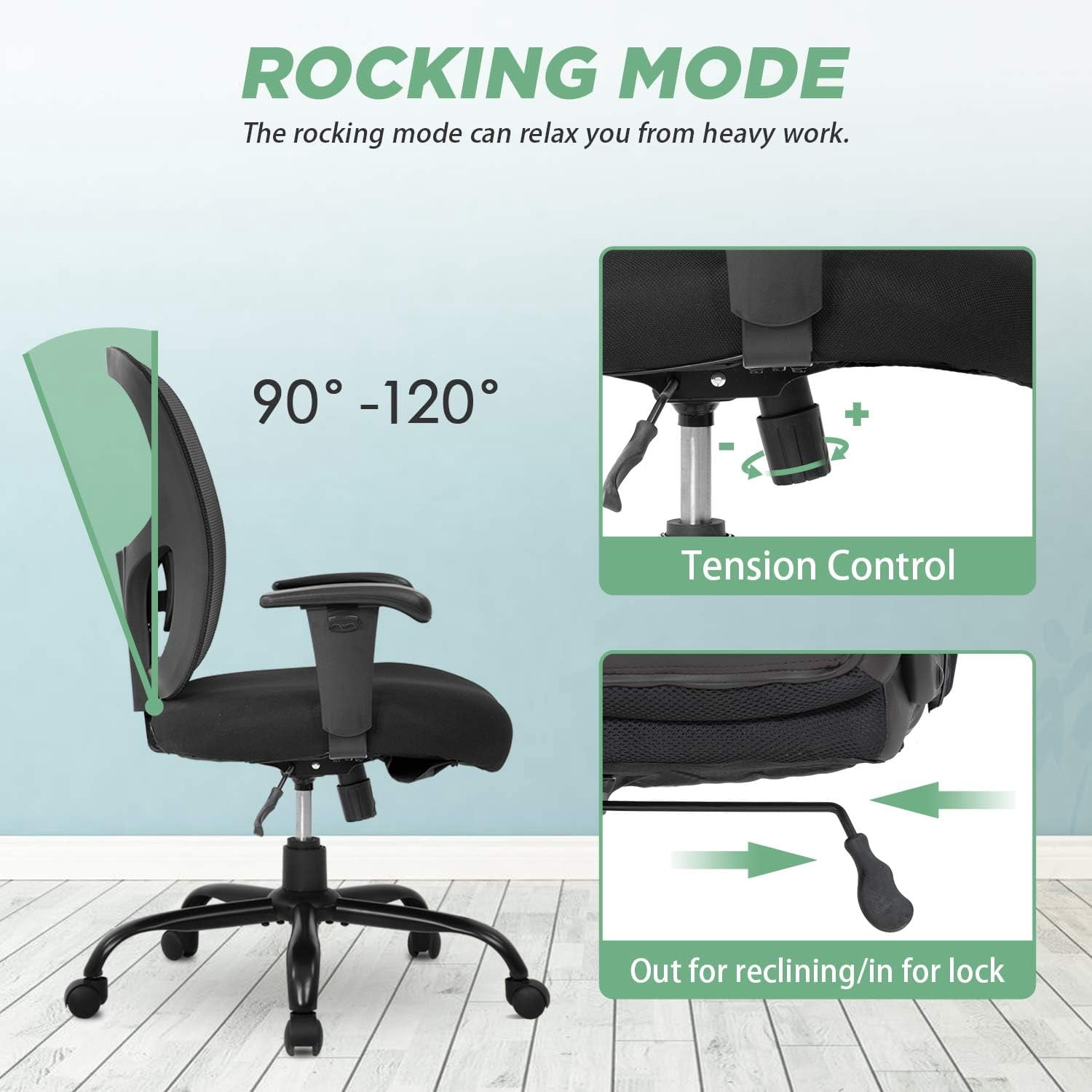 Big and Tall Office Chair 500lbs, Ergonomic Computer Chair Height Adjustable Mesh Chair Heavy Duty Chair, Wide Seat Computer Executive Desk Chair with Adjustable Armrest, Lumbar Support, Black