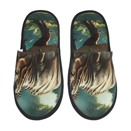 Balery Green Forest Dinosaur Slient Indoor Furry Fleece Comfort House Shoes Soft Non-Slip Home Shoes Cotton slippers House Slippers-- Medium