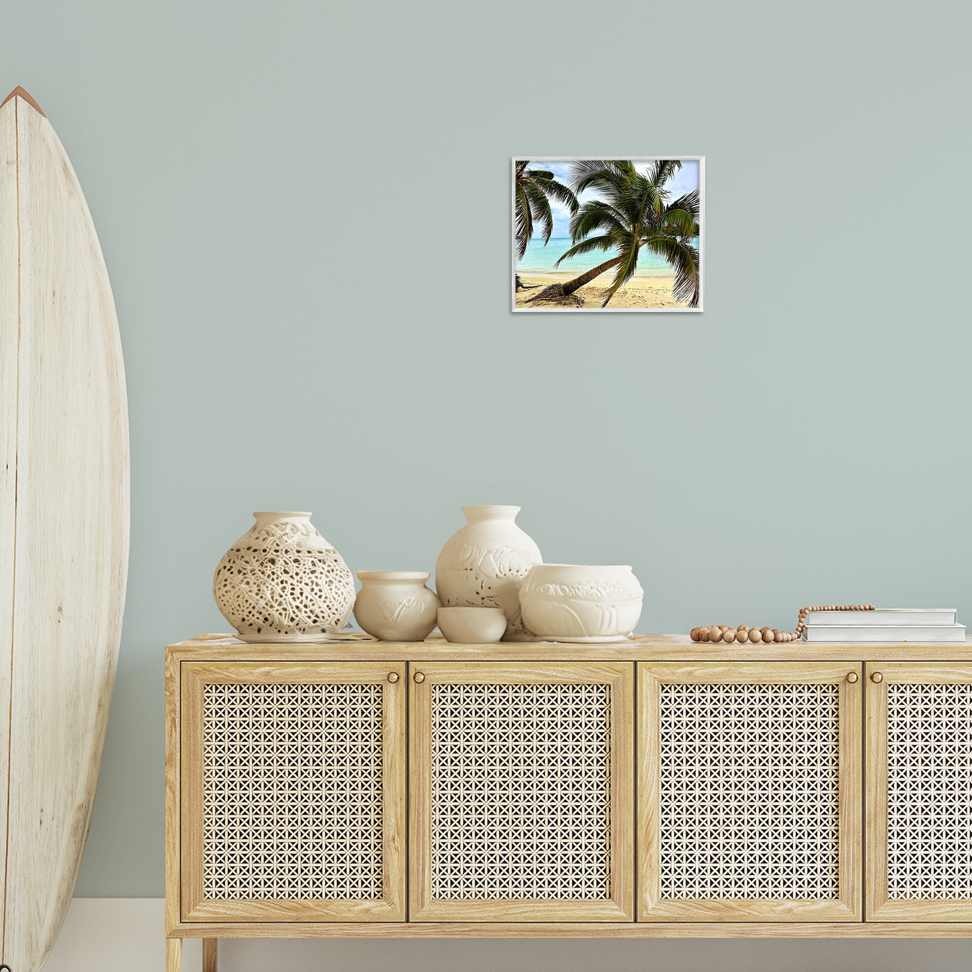 Stupell Industries Leaning Palms on Beach Landscape Photography White Framed Art Print Wall Art, 14 x 11