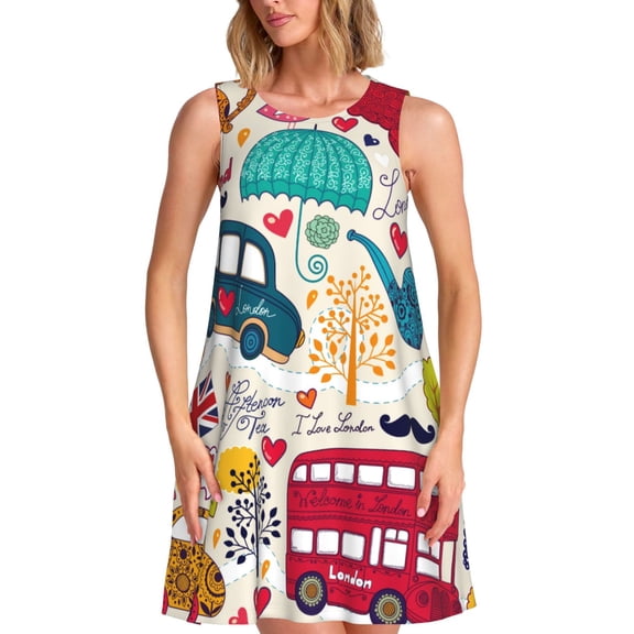 Kuqiui London Symbols for Women's Sleeveless A-Line Dress with Pockets, Casual Knee Length Loose Tank Dress for Summer