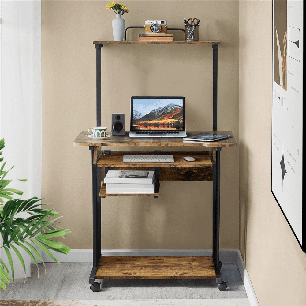 Topeakmart 2-Tier Rolling Computer Desk with Keyboard Tray, Rustic Brown