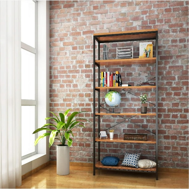 5-Tier Wooden Bookcase Storage Shelves Organizer, Retro Bookshelf Plant Display Shelf, Wood and Steel Frame Open Wide for Balcony