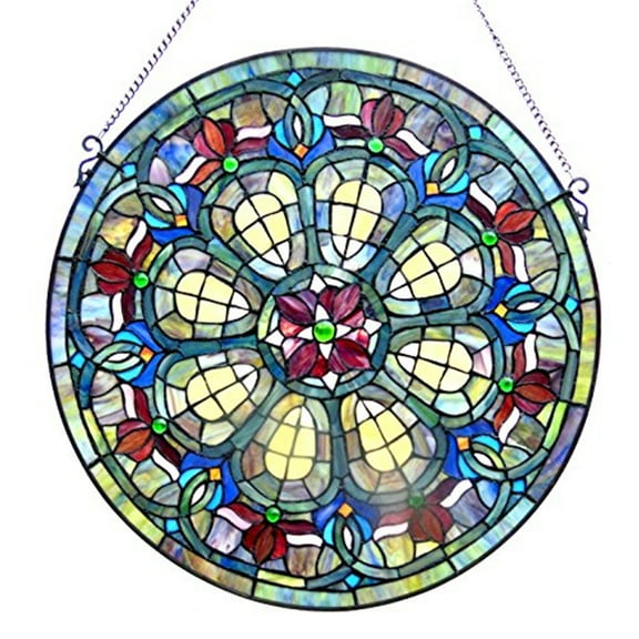 Metal Window Glass Panel with Hanging Chain and Round Shape, Multicolor