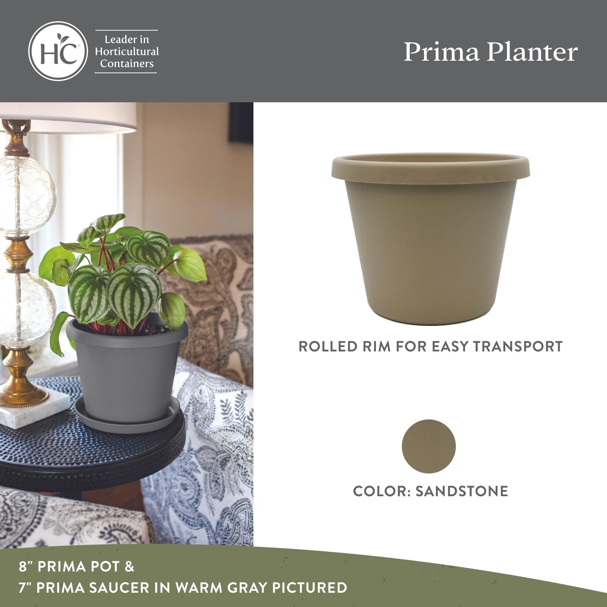 The HC Companies 6 Inch Round Prima Planter - Small Plastic Plant Pot with Rolled Rim for Indoor Outdoor Plants Flowers Herbs, Sandstone Pack of 4