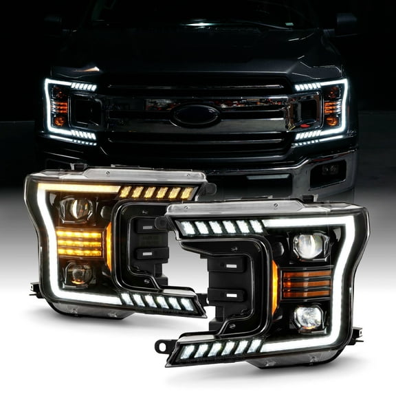 AKKON - Fits 2018-2020 Ford F150 Pickup [Full LED] Projector Black HeadLights Pair w/ Sequential Signal Clear Parking Lamp
