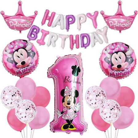 Pink bow-adorned mouse crown balloon decoration, perfect for a little princess's first birthday - Baby party supplies Happy Birthday banner balloon set - 32-inch number