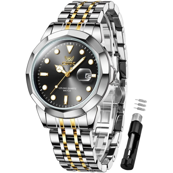 OPK Watches for Men Stainless Steel Business Dress Luxury Big Large Face Waterproof Quartz Analog Mens Watches with Date Wrist Men Watch Reloj para Hombre (Gold/Blue/Black Dial)