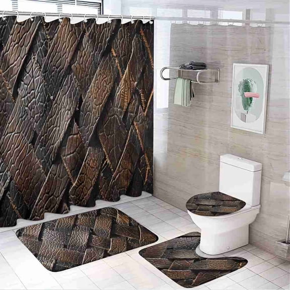Rustic Brown Cracked Wood Texture 4-Piece Shower Curtain Set with Bath Mats and Toilet Lid Cover for Bathroom Decor