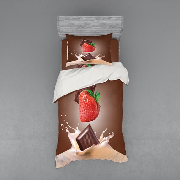 Ambesonne Fruit Bedding Set 3 Pcs, Strawberry Chocolate, Twin, Multicolor