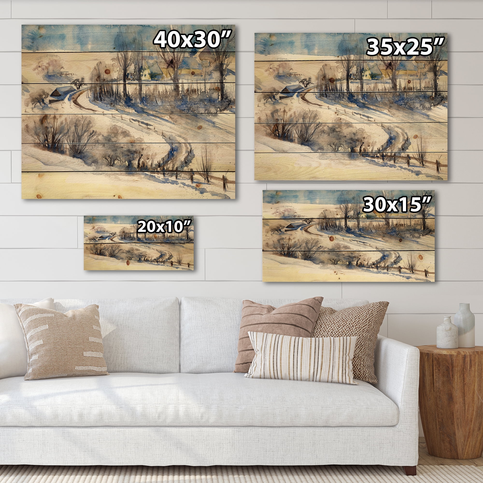 Designart 'Country Road In Winter Times Landscape I' Traditional Print on Natural Pine Wood