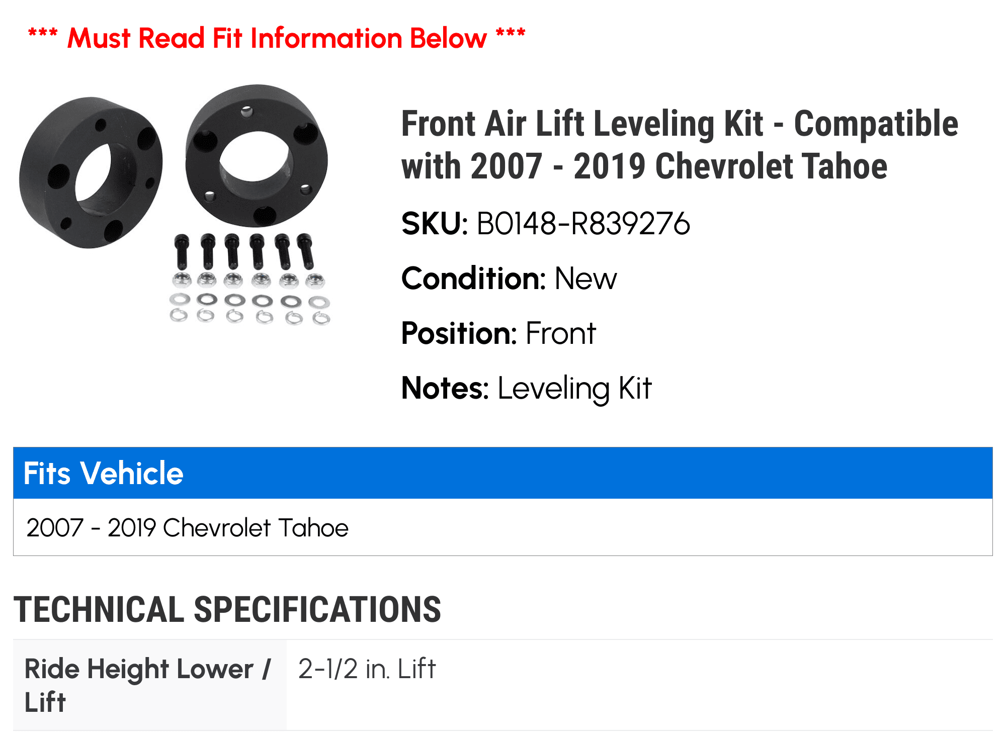 Front Air Lift Leveling Kit - Compatible with 2007 - 2019 Chevy Tahoe 2008 2009 2010 2011 2012 2013 2014 2015 2016 2017 2018