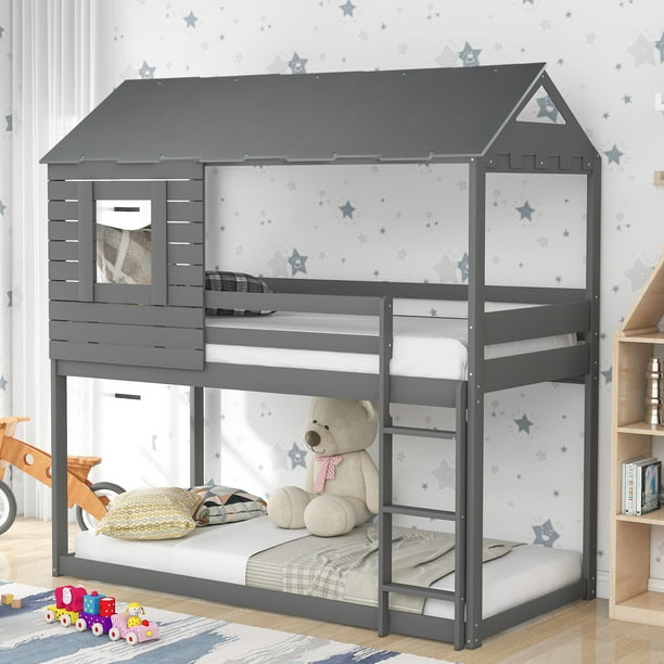 CoSoTower Twin Over Twin Bunk Bed Wood Loft Bed With Roof, Window