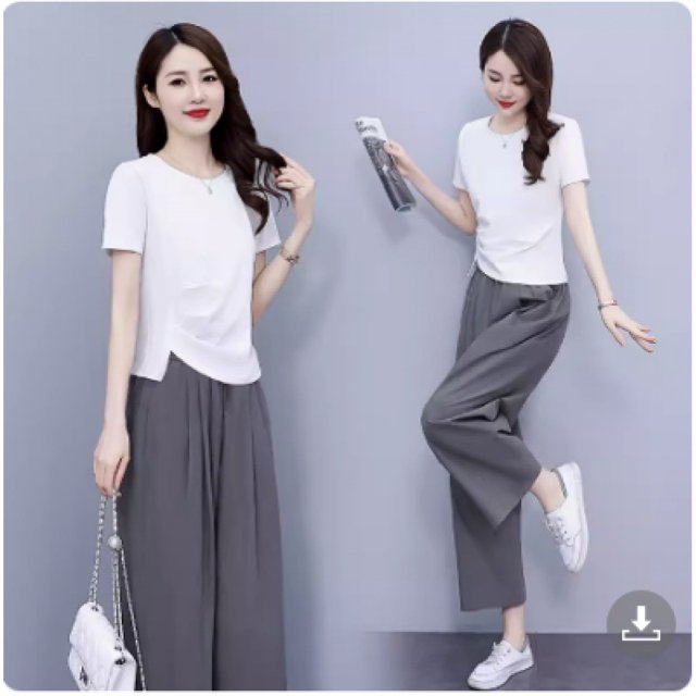 Traje de mujer de verano nuevo de alta gama elegante casual moda elegante anti-envejecimiento adelgazante pantalones de pierna ancha conjunto de dos piezas