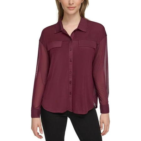 Calvin Klein Womens Mesh Long Sleeve Button-Down Top