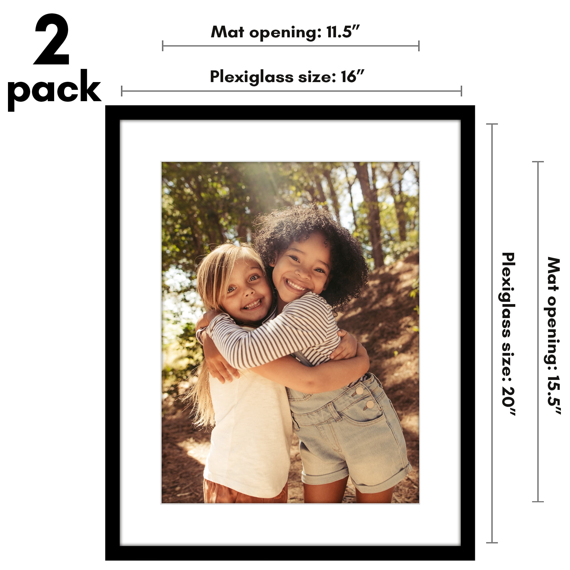 Americanflat 16x20 Picture Frame with Polished Plexiglass with 12x16 Mat 2 Pack Display Photo Galleria - Black