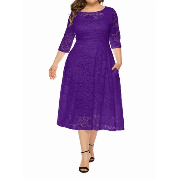 Womens Floral Lace Plus Size Midi Dress Scooped Neckline Cocktail Party Dresses Purple S