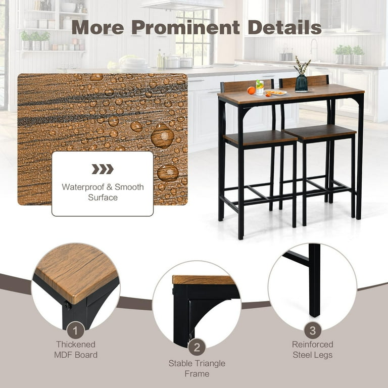Giantex 3 Pieces Bar Table Set Pub Table Set Modern Industrial style Table Chair Set for Kitchen Dining Room Easy Assembly
