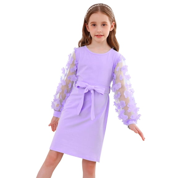 ALISISTER Girls Puff Long Sleeve Dresses Back to School Lantern Mesh Sheer Sleeves Pencil Dress Formal Dance Birthday Sun Dress Solid with Belt 9 Year Old Purple