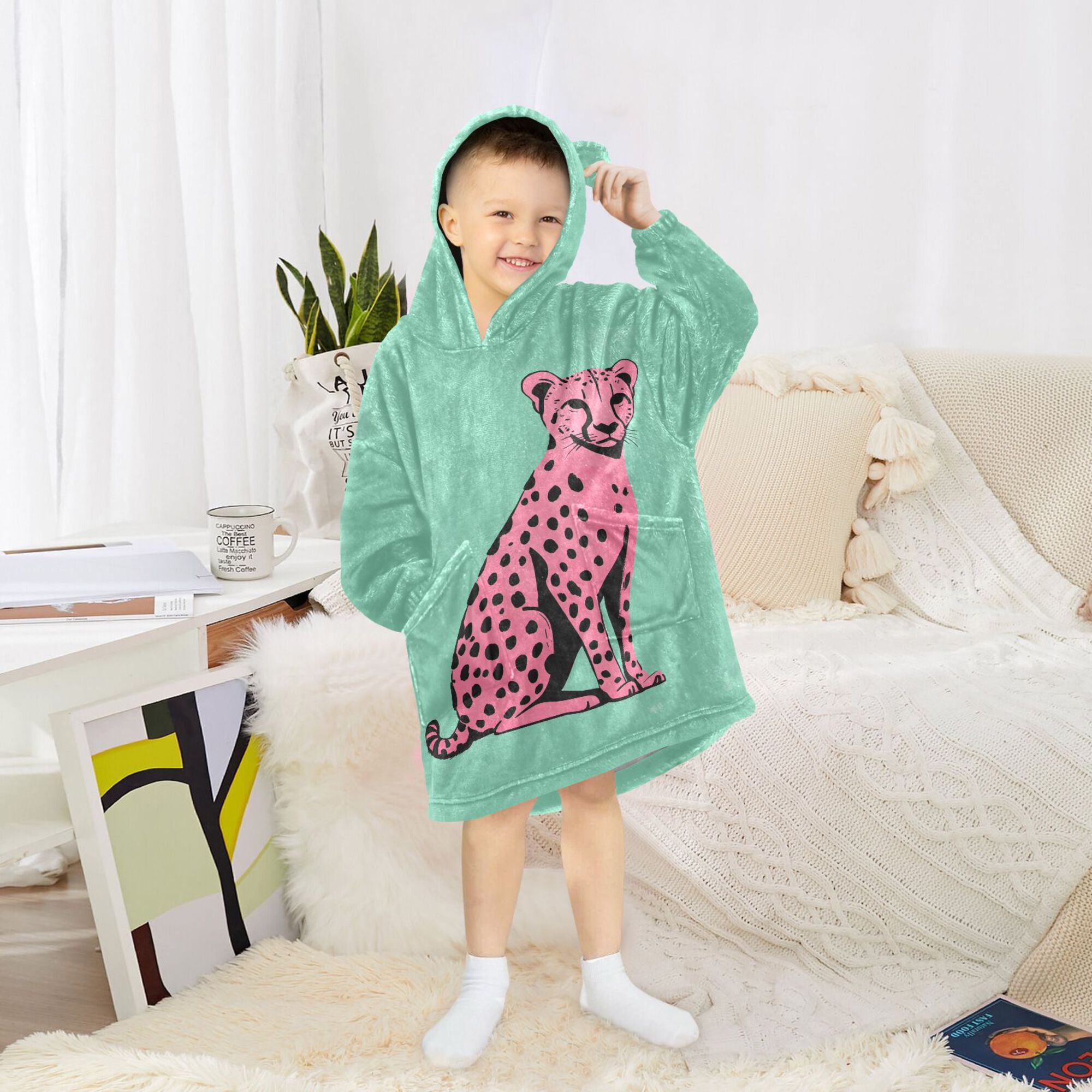 FORMRS Wearable Blanket Hoodie with Sleeves for Kids Cozy Flannel Sweatshirt, Pink Cheetah