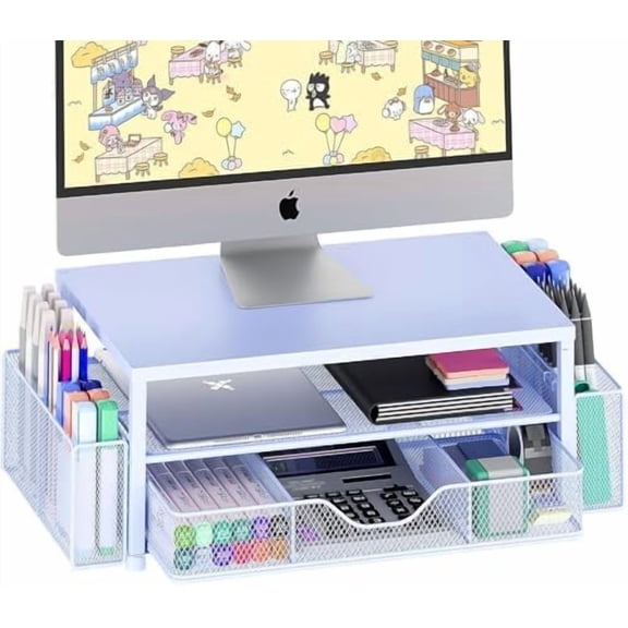 Desk Organizers and Accessories, 2-Tier Computer Monitor Stand Riser with Drawer and 2 Pen Holders, Laptop Stand, Office Desk Accessories for Office Supplies, Blue