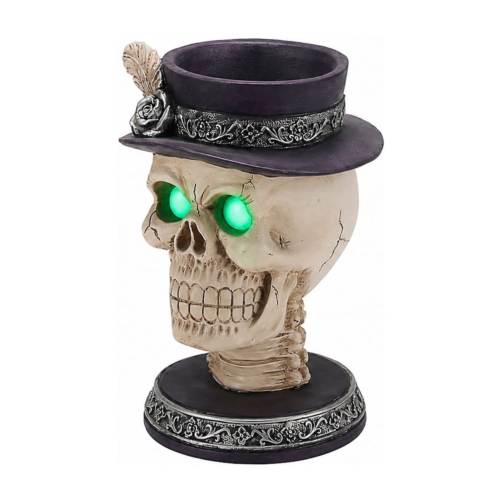 Skull Candle Holder 10.63 Inch, Gothic Skeleton Head Statue with Glowing Green Eyes and LED Light, Halloween Tabletop Decor for Home and Party, Black and White