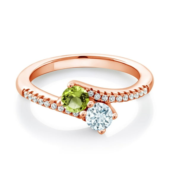 Gem Stone King 18K Rose Gold Plated Silver Green Peridot and Sky Blue Aquamarine Bypass Ring for Women (0.79 Cttw, Gemstone August Birthstone, Round 4MM, Size 5)