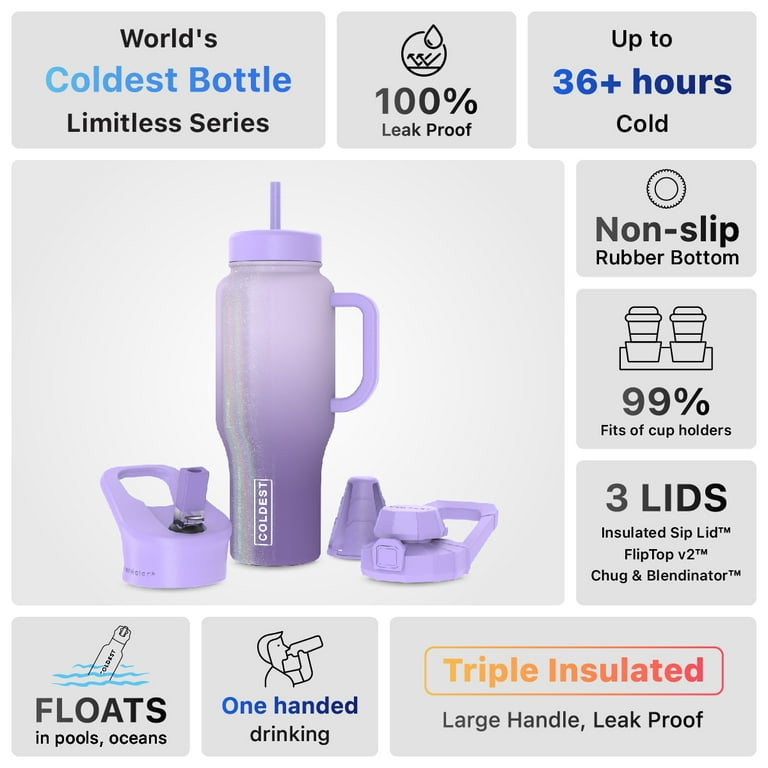 COLDEST Limitless Bottle - Water Bottle with Handle and 3 lids