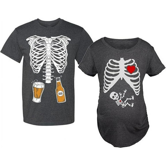 Halloween Pregnancy Baby Boy Xray Shirt Beer Skeleton Costume for Couples Dad Black XX-Large / Mom Black Small