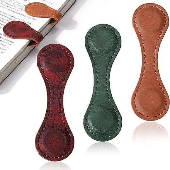 Magnetic Bookmarks, 3pcs Faux Leather Bookmark Vintage Book Mark Double-sided Magnetic Page Markers Leather10*3cm Burgundy, Green, Light Bro