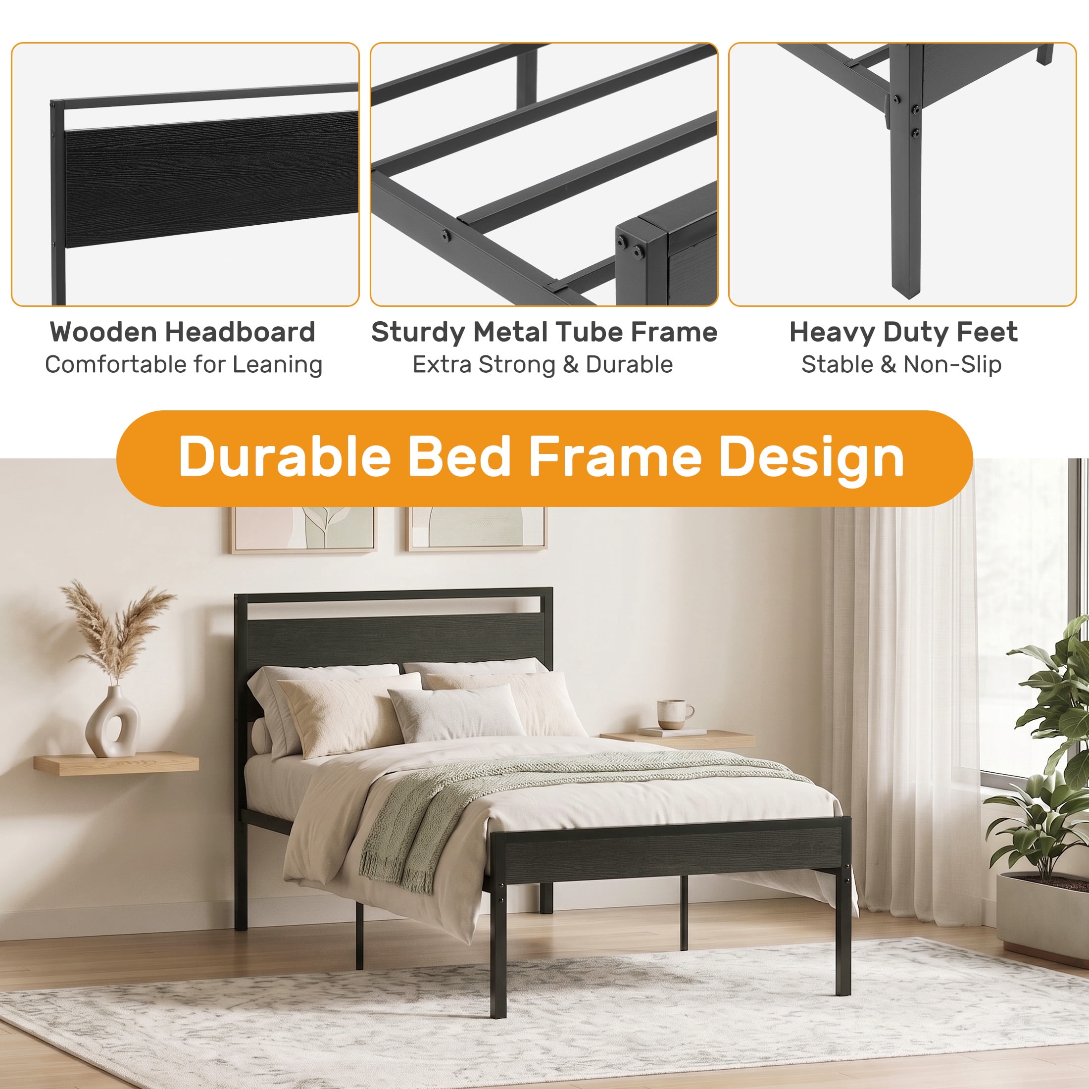 Gianna Heavy Duty Twin Size Metal Platform Bed, No Box Spring Required with Headboard and Footboard, Mattress Foundation, Black