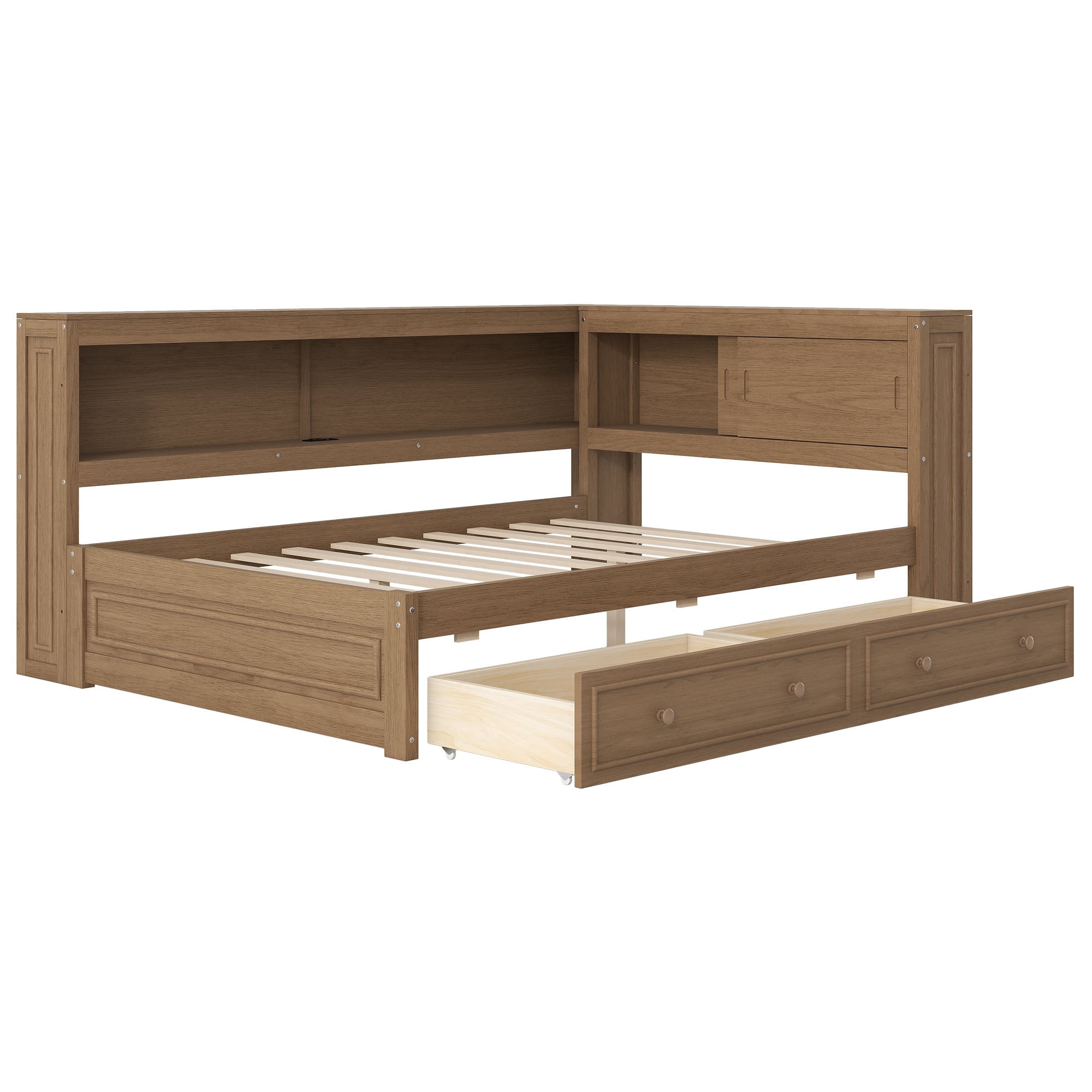 Euroco Full Size Wood Daybed with Storage Shelves and Drawers, Platform Bed with LED Light and USB Ports, Wood