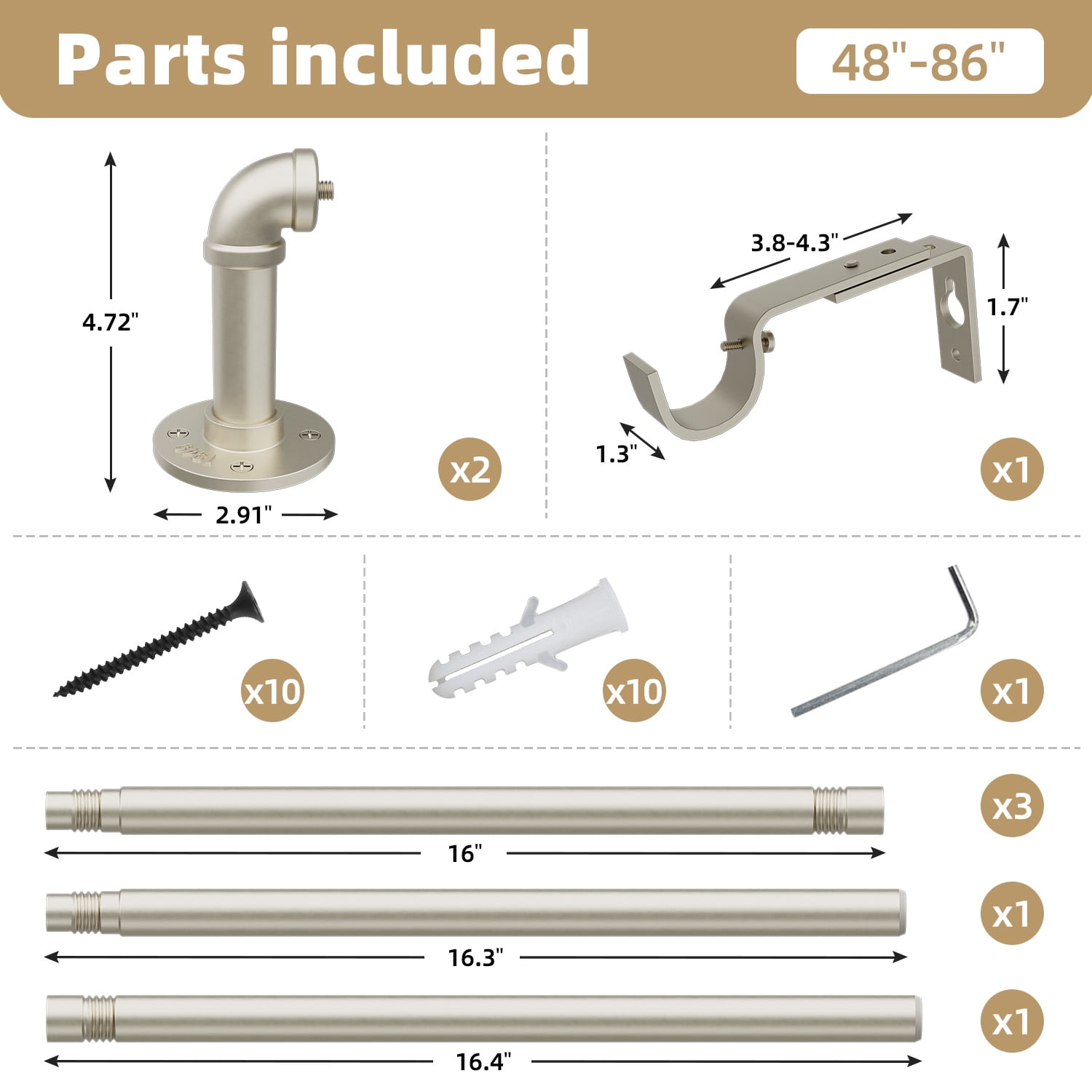48" to 86"Curtain Rods for Windows,1 inch Industrial Curtain Rod, Adjustable Wrap Around Curtain Rods,Industrial Indoor/Outdoor Curtain Rod,Nickel