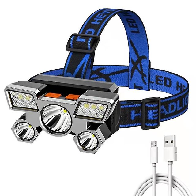Linterna portátil recargable USB de 5 ledes Linterna frontal Linterna para acampar al aire libre con batería 18650 incorporada,11 Feliz Sencillez