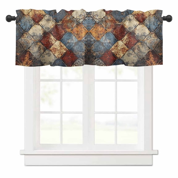 Rust Block Valances for Windows Blue Brown Mottled Texture Distressed Vintage Rod Pocket Curtain Valance Window Treatment Short Curtains for Kitchen Living Room, 60"x18"