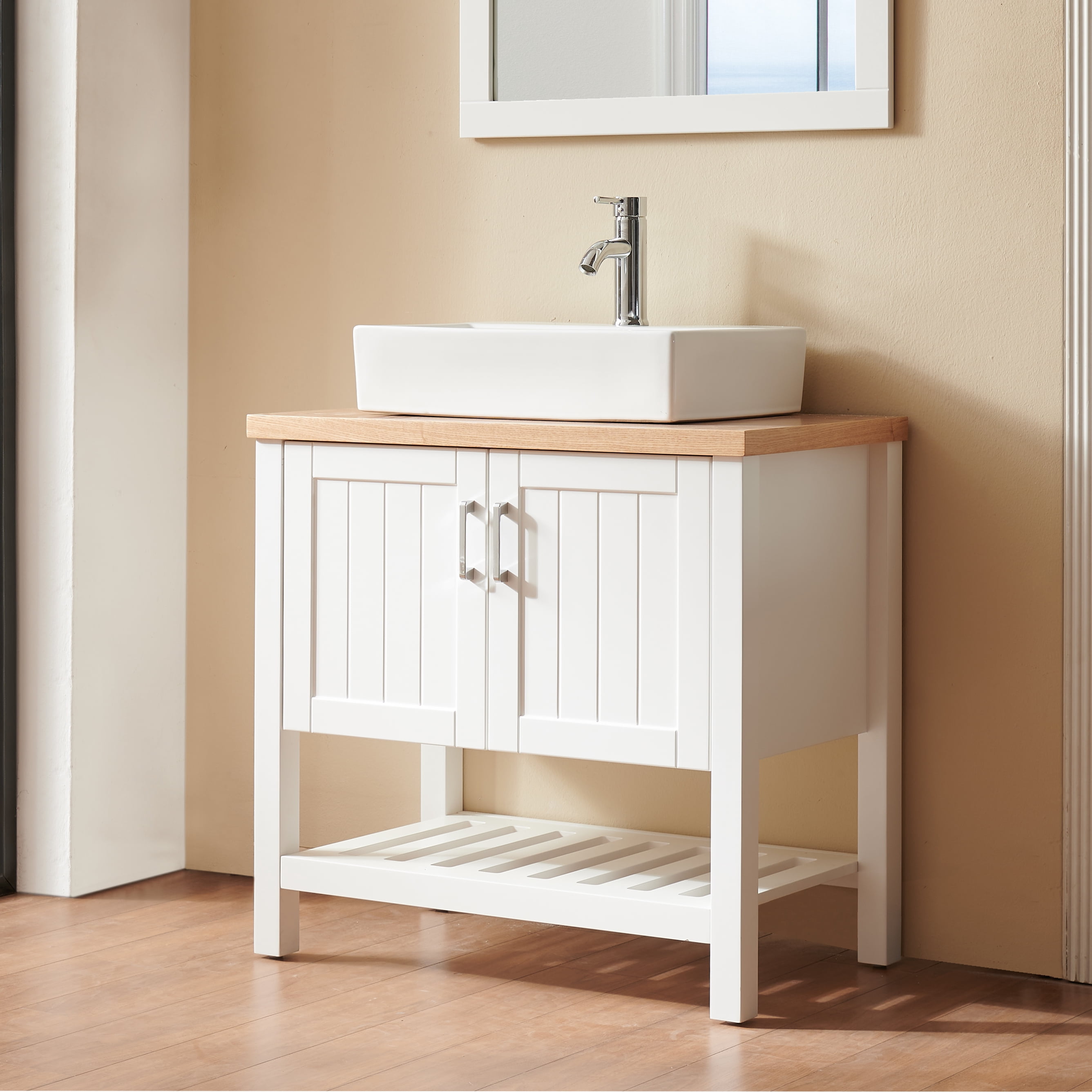 FFZ 32" Bathroom Vanity with Sink, Solid Wood Cabinet with Doors & Open Shelf, White+Natural