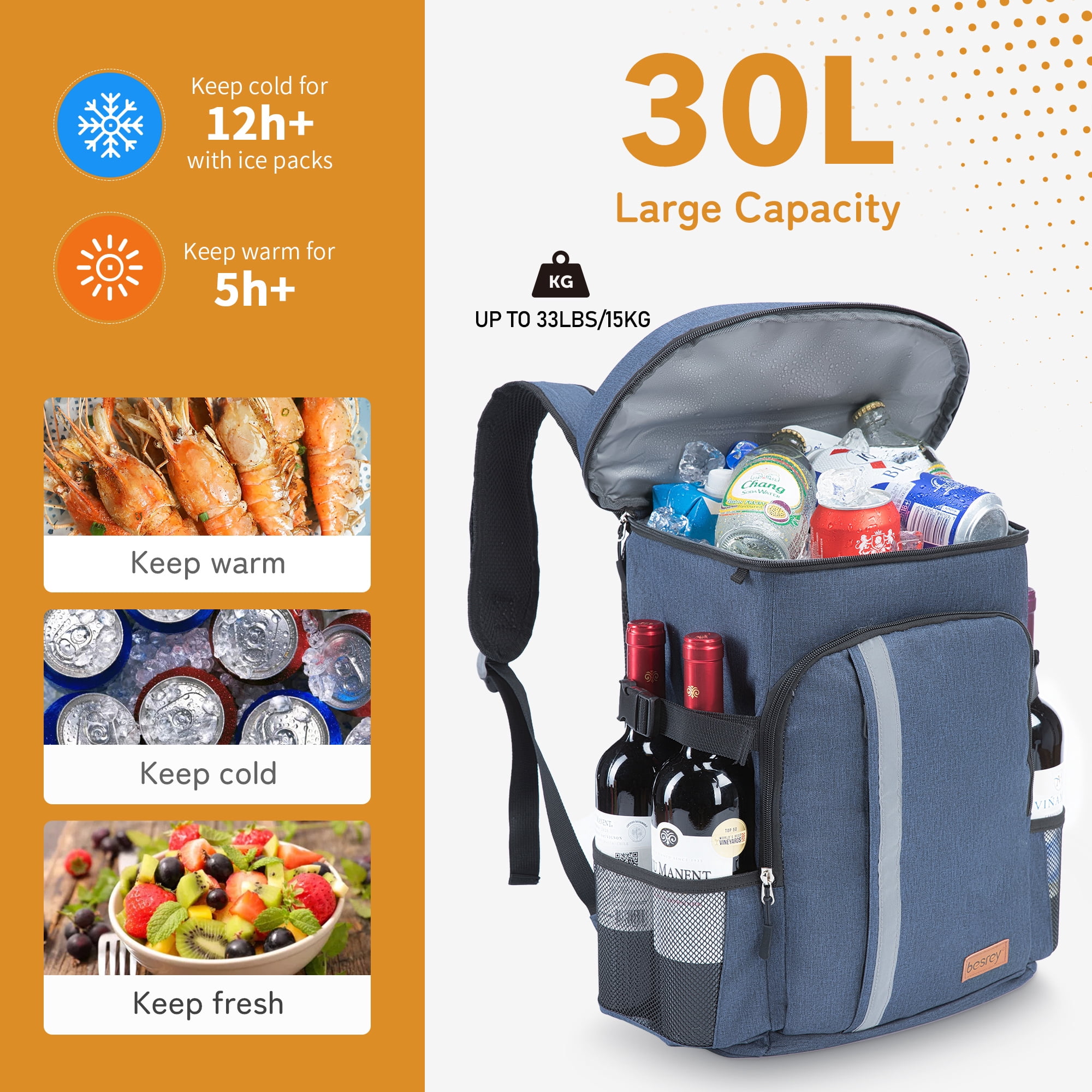 Besrey Cooler Backpack,30L Soft Lightweight Leakproof Cooler Backpack,Insulated Cooler Bag,Portable Soft Cooler Bag Waterproof for Beach, Travel, Camping,Blue
