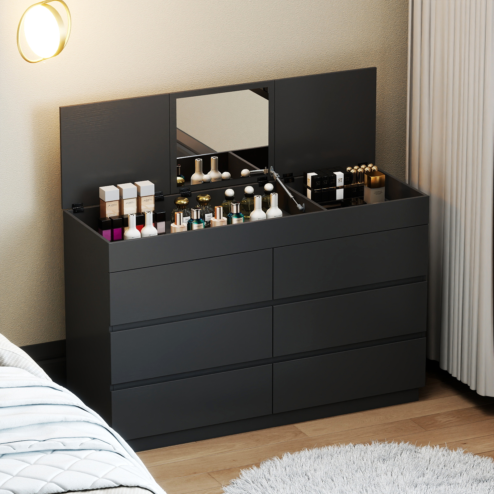 Six Drawers Cabinet With Mirror, P2 12mm Particleboard With Melamine Veneer, 120*40*85.5cm