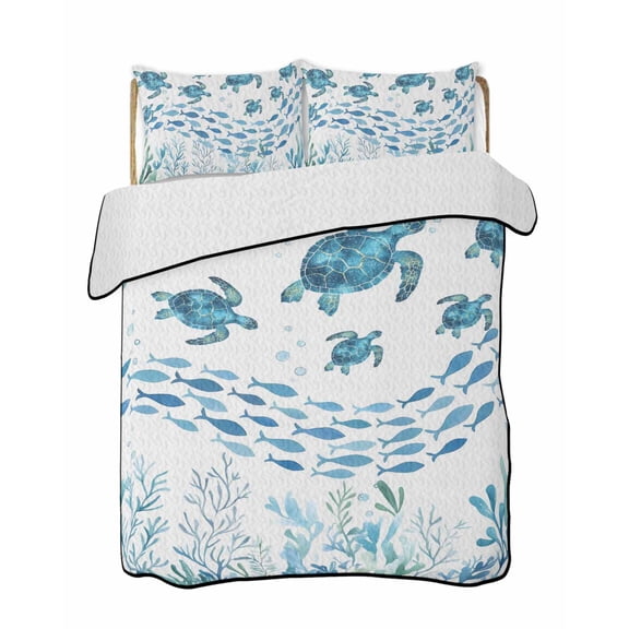 Quilts Queen Size Bedding Set, Blue Coastal Sea Turtles Lightweight Quilted Comforter, Fish Coral Ocean Life Underwater Soft Reversible Bedspread Coverlet with Pillow Covers for All Season, 90" x 96"