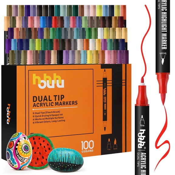 hhhouu 100-Color Dual-Tip Acrylic Paint Markers, Fine and Brush Tip, for Rock, Wood, Canvas, Ceramic and Glass