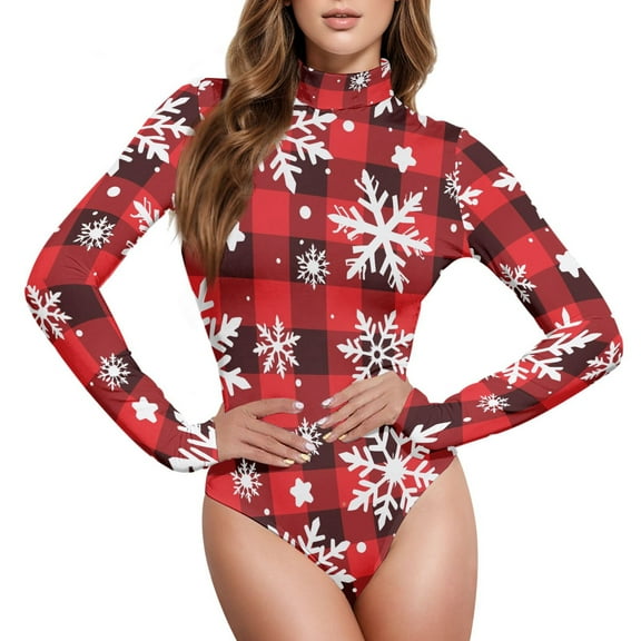 joogoo Black and White Checkered Snowflake Pattern Women's Mock Turtle Neck Long Sleeve Bodysuit L